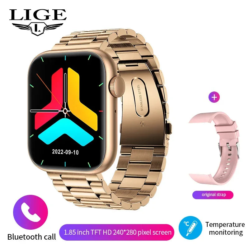 LIGE New Women Smart Watch 1.85 Full Touch Bluetooth Call Smart Wristwatch Body Temperature Watch Sports Bracelet Men Smartwatch