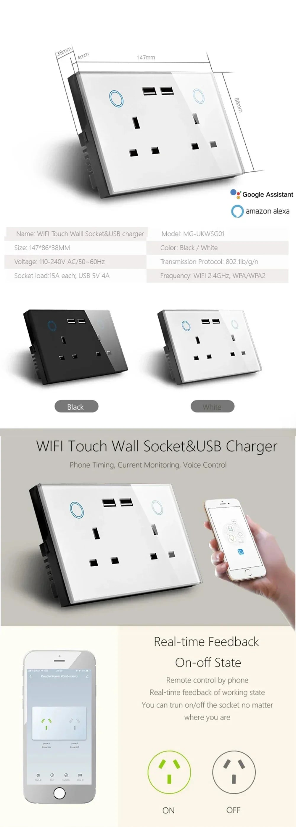 Melery WIFI Smart Tuya USB Type C PD 20W Wall Socket UK Plug Outlet Power Monitor Touch Switch Wireless Remote Alexa Google Home
