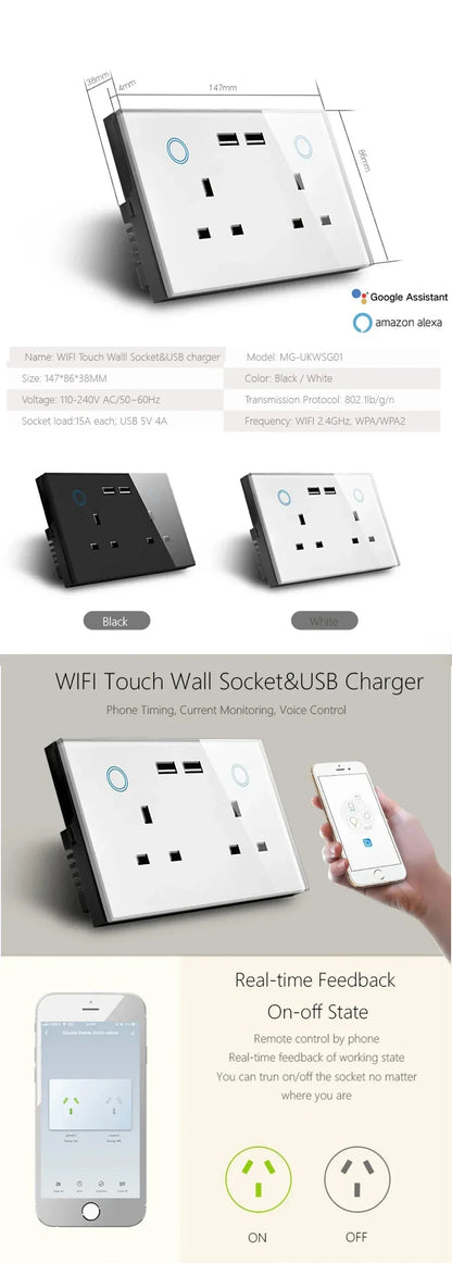 Melery WIFI Smart Tuya USB Type C PD 20W Wall Socket UK Plug Outlet Power Monitor Touch Switch Wireless Remote Alexa Google Home