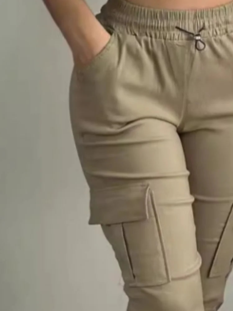 Pantalon Capri slim d'été pour femme, couleur unie, décontracté, poches multiples, laçage, taille haute, legging moulant