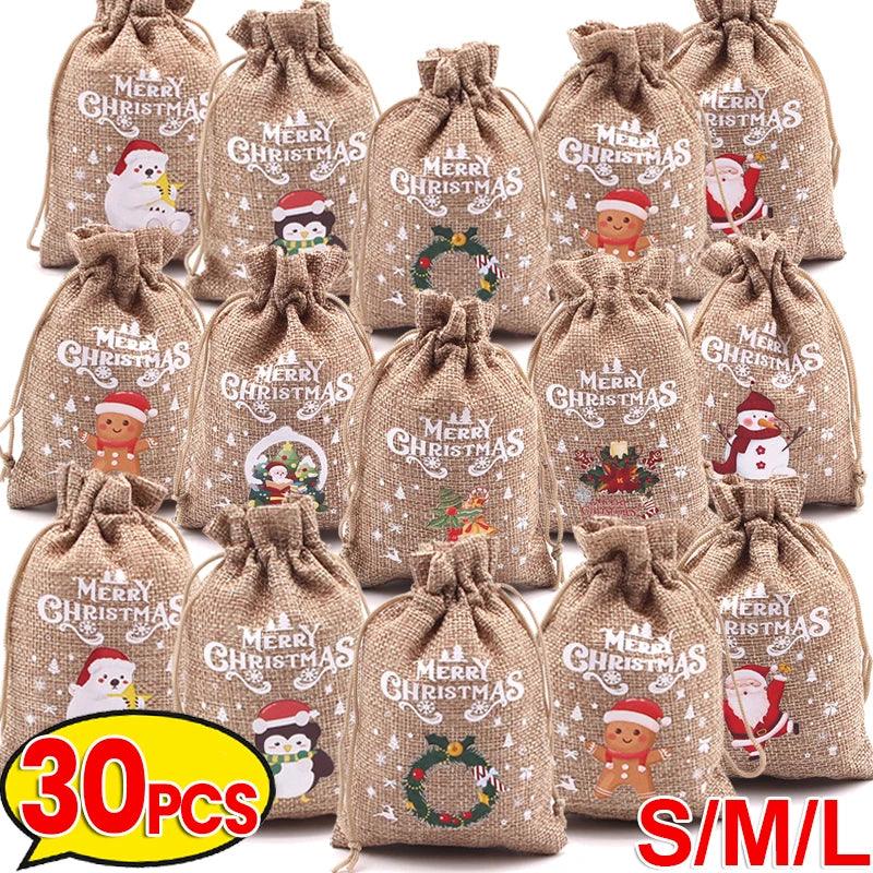 1/30PCS Christmas Linen Drawstring Bags Candy Biscuits Pouchs Burlap Bracelet Jewelry Storage Bags Xmas Kids Gift Packaging Bags