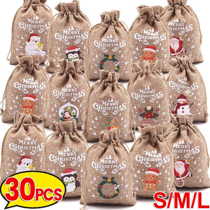 1/30PCS Christmas Linen Drawstring Bags Candy Biscuits Pouchs Burlap Bracelet Jewelry Storage Bags Xmas Kids Gift Packaging Bags