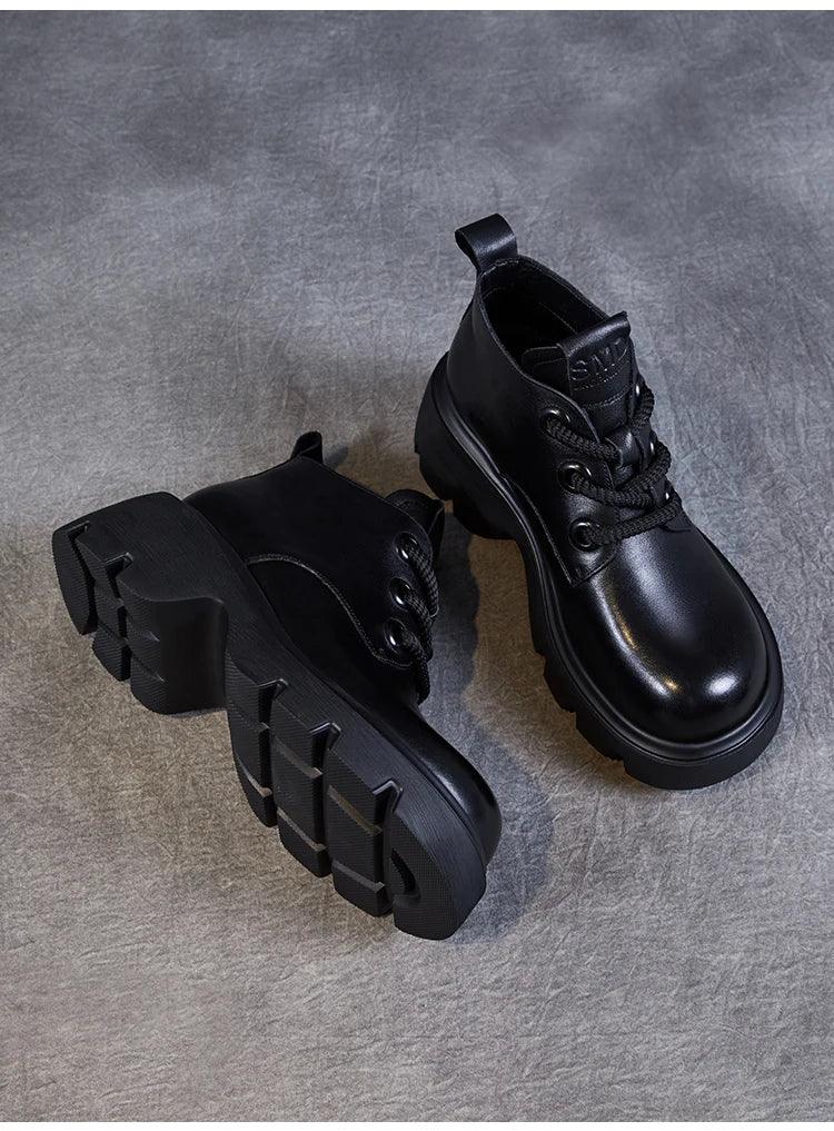 DRKANOL Luxury Design Genuine Leather Ankle Boots For Women Platform Casual Short Boots Women Winter Thick High Heel Warm Shoes