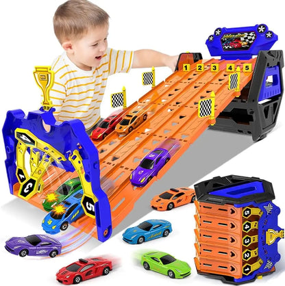 VATOS Upgraded 5 Tracks Truck Toy Cars for Boys Portable Race Track Truck Toy 5 Race Cars Carrier Vehicles Set for Kids Girls