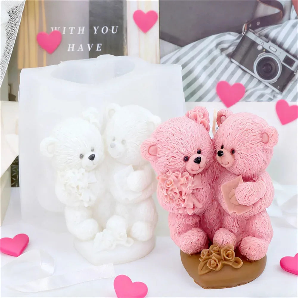 Couple Bear Candle Mold Couple Embrace Bear Silicone Mold 3D Teddy Bear Candle Making Mold for Valentine's Day Birthday Gift