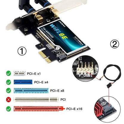 Fenvi AX210 WiFi 6E PCIE Wireless Adapter AXE5400 Tri Band 2.4G/5G/6GHz BT5.3 With PCI X1 3.0 Extension Cable for PC Win 10/11