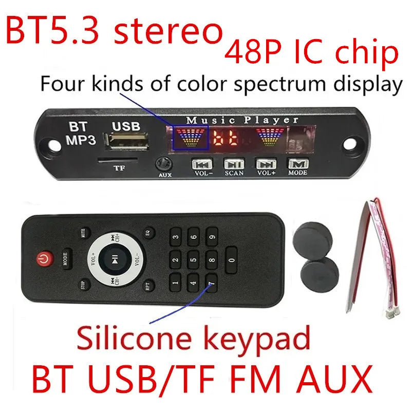 Car DIY 5.2 BT Player MP3 Decoder Spectrum Color Display Solution Wireless Handsfree Module Installation Home Audio