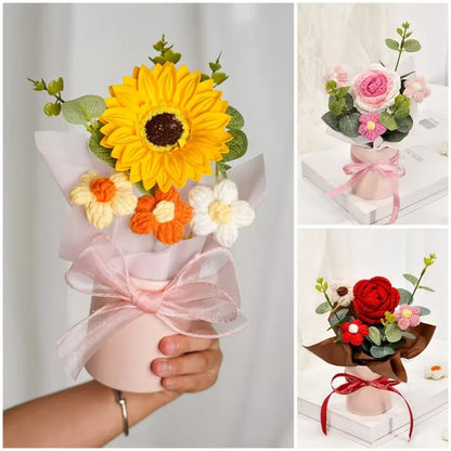 DTCTK Knitted Flower Bouquet Crochet Rose Flowers Hugging Bucket Christmas Gifts Living Room Desk Decoration Valentine's Day Gif