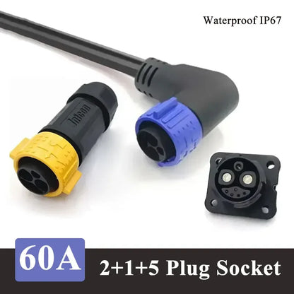 60A 2+1+5 Lithium Battery Waterproof Connector IP67 M25 E-bike Electric Motorcycle Charging Power Plug Socket CE UL Certified