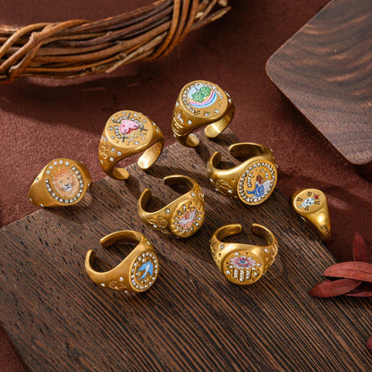 Stainless steel fashionable and popular Valentine's Day lion mermaid love painted ring with gold plating and color preservation