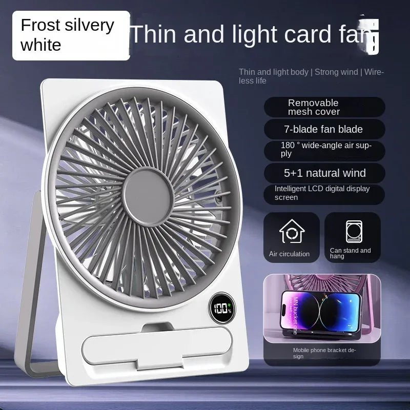 Ultra-thin Desktop Fan Digital Display USB Charging Strong Wind Portable Silent Card Style Fan Dormitory Office Summer Small Fan