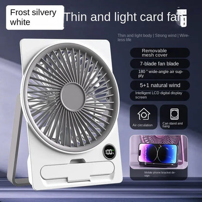 Ultra-thin Desktop Fan Digital Display USB Charging Strong Wind Portable Silent Card Style Fan Dormitory Office Summer Small Fan