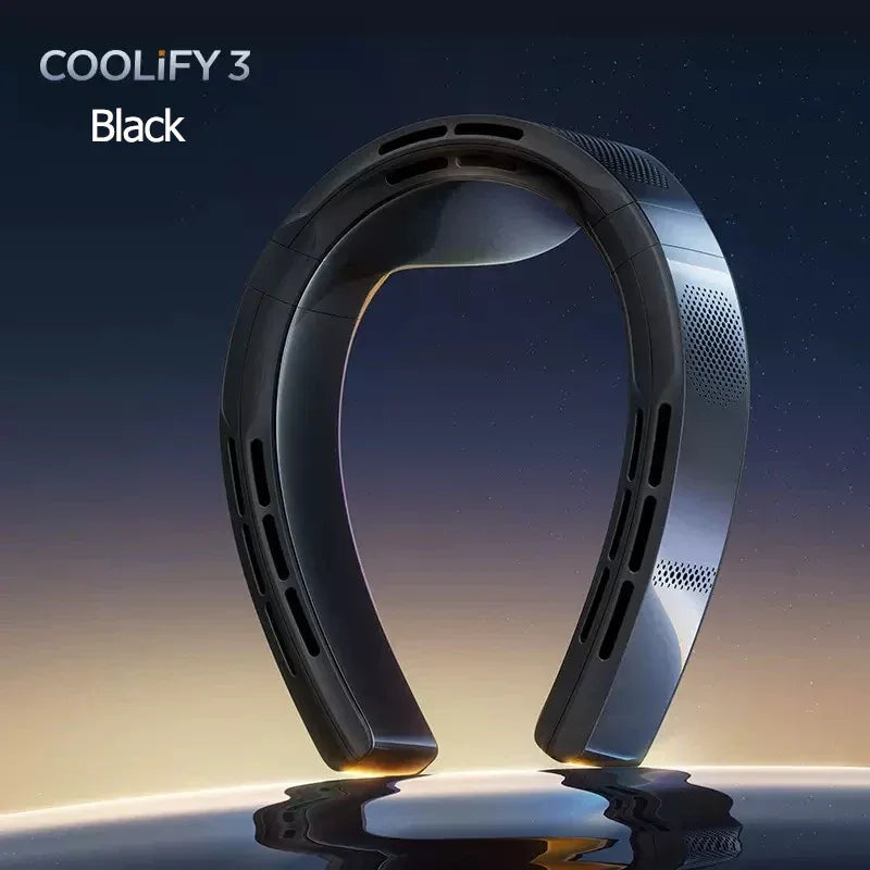 COOLIFY 3 Neck Air Conditioner Heater Cooling Neck Fan 6000mAh Bladeless Portable Fan AI Temp Control Wearable Cooler Black