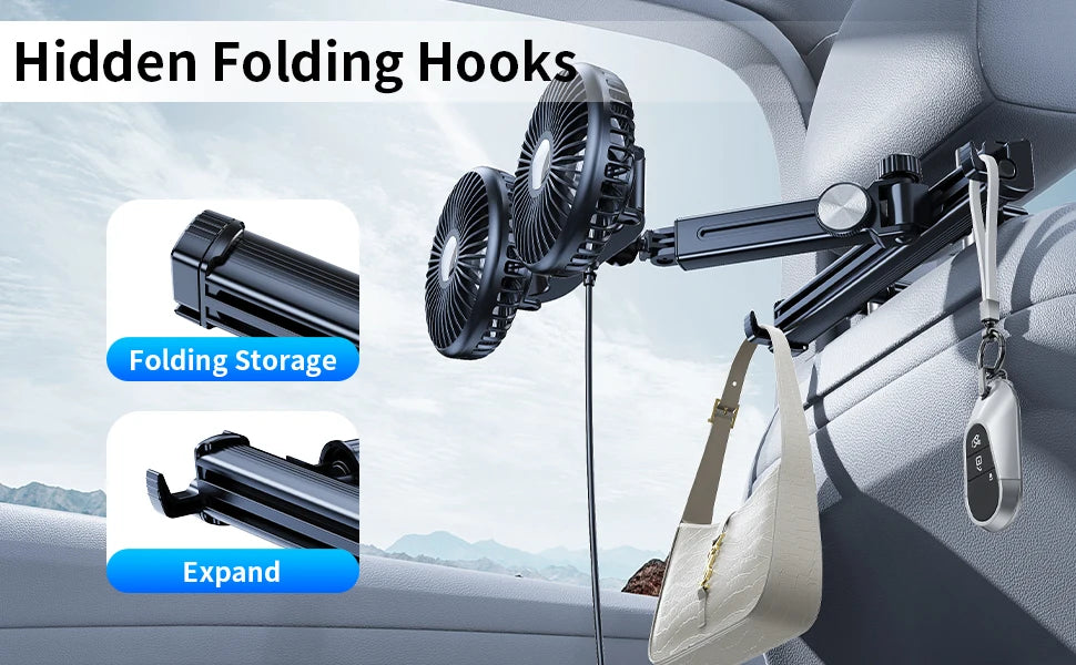 Eary Car Dual Head Fan Mount Back Seat With 3 Wind Speeds 360 Multi-Angle Adjustable Summer Air Cooling Fan With 2 Hidden Hooks