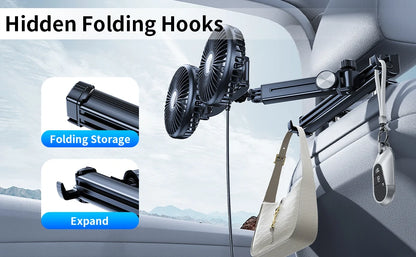 Eary Car Dual Head Fan Mount Back Seat With 3 Wind Speeds 360 Multi-Angle Adjustable Summer Air Cooling Fan With 2 Hidden Hooks