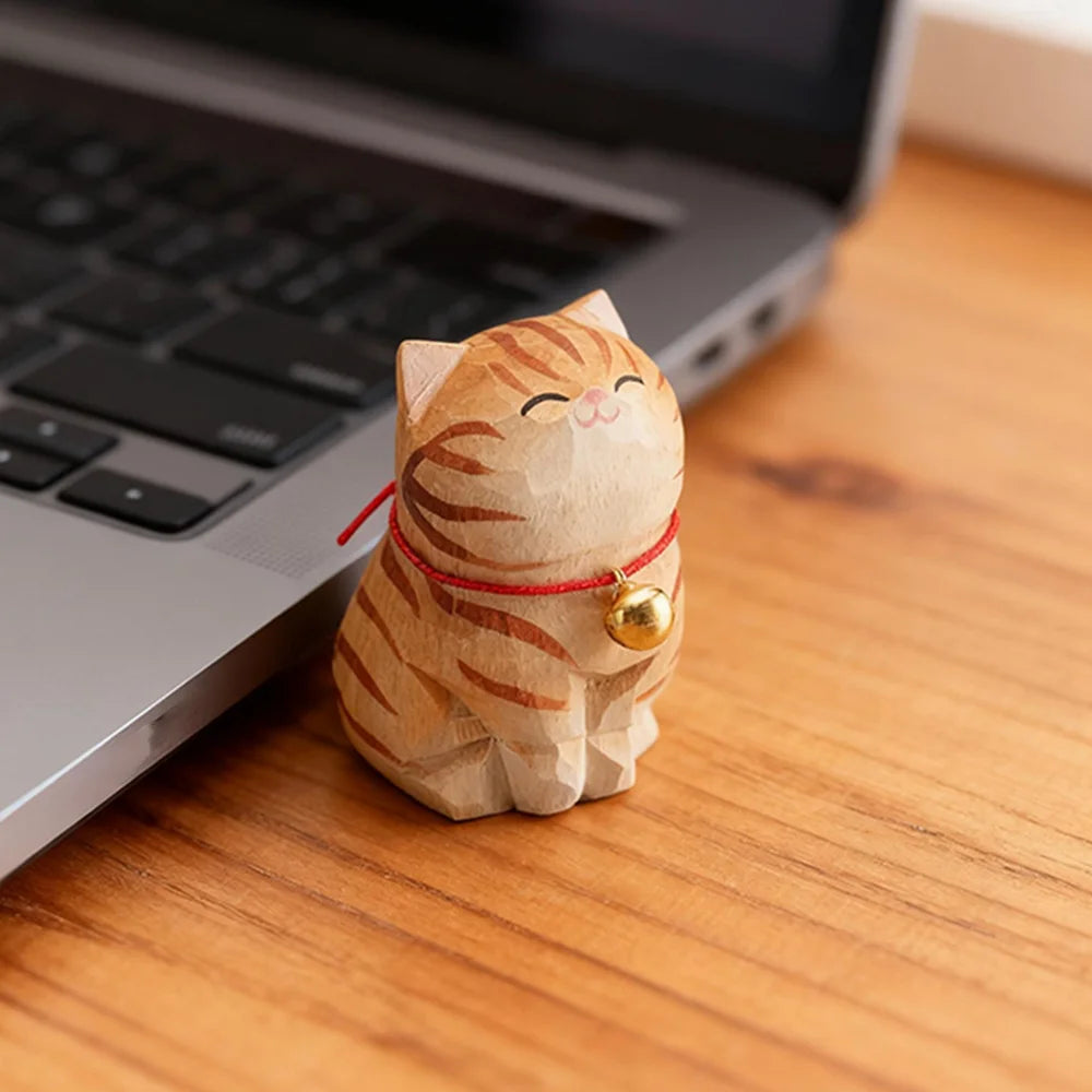 Cute Cat Animals Figurine Decorative Wooden  Ornament Kitten Statue Calico Golden gradient cat Home Office Desk Car Decor Gift