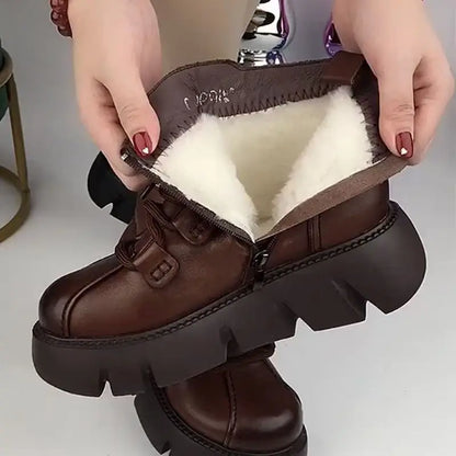 Womens Snow Boots 2025 Winter New Platform Cotton Shoe Retro Black/Brown Round Toe Lace-up Zipper Modern Motorcycle Boot