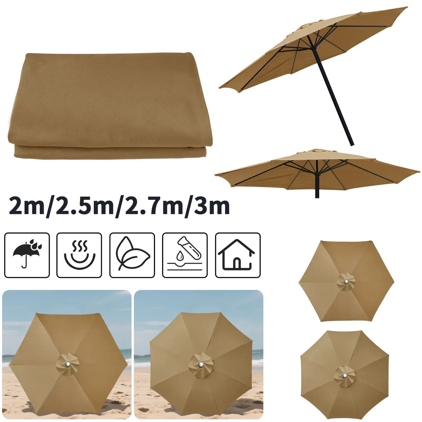 Waterproof Replacement Umbrella Cloth 2/3M Patio Parasol Cover UV-Anti Canopy Cover Replacement Parasol Cover for Balcony Garden