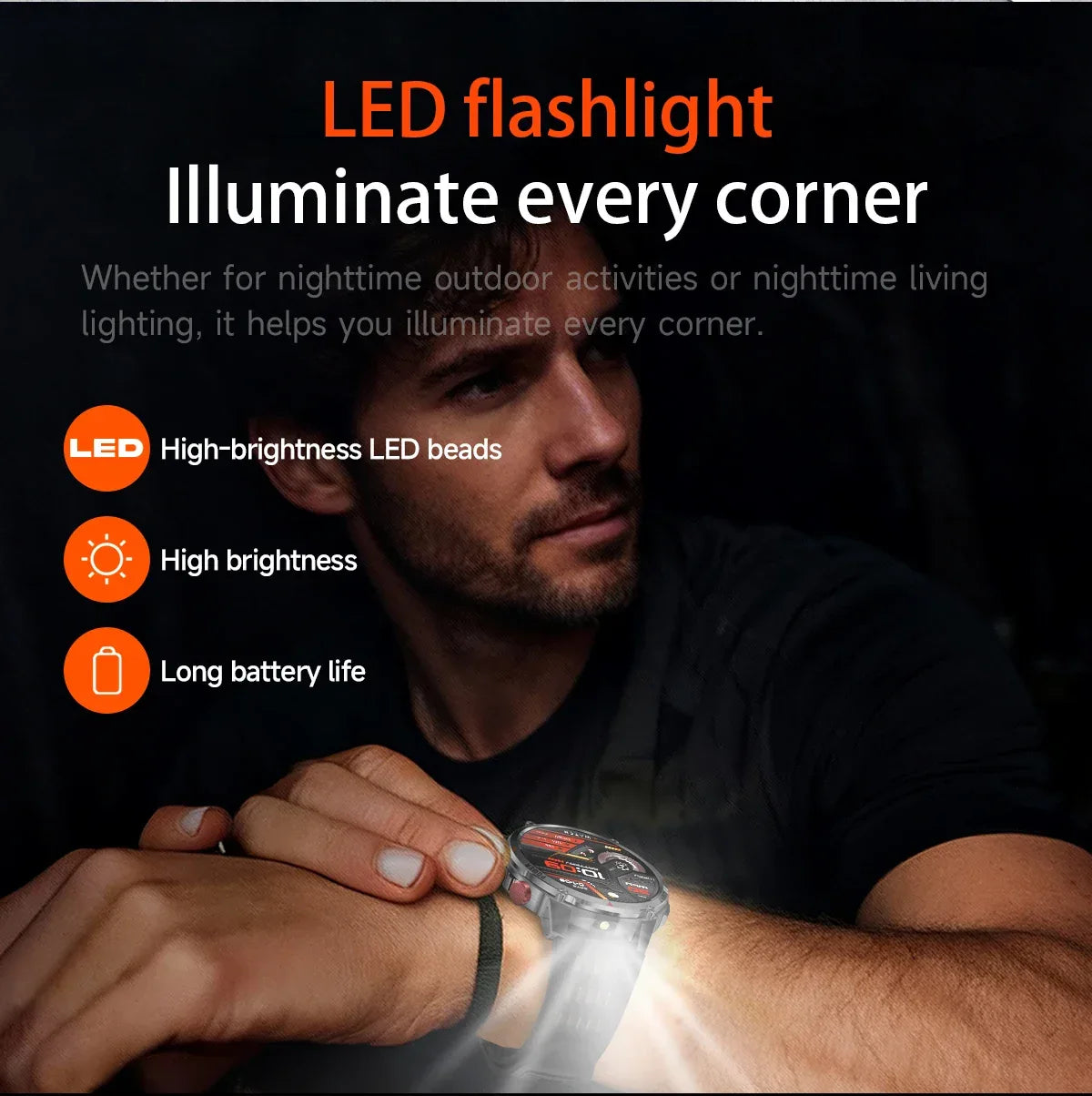 2026 Edition Military Outdoor Sports Smartwatch 1.7-inch AMOLED screen 1100 mAh battery LED flashlight Bluetooth call Waterproof