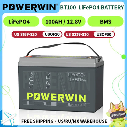 POWERWIN BT100 12.8V 100Ah 1280Wh LiFePO4 Battery 4000+Deep Cycle Rechargeable Built-in BMS Grade A Cell Solar Power Inverter