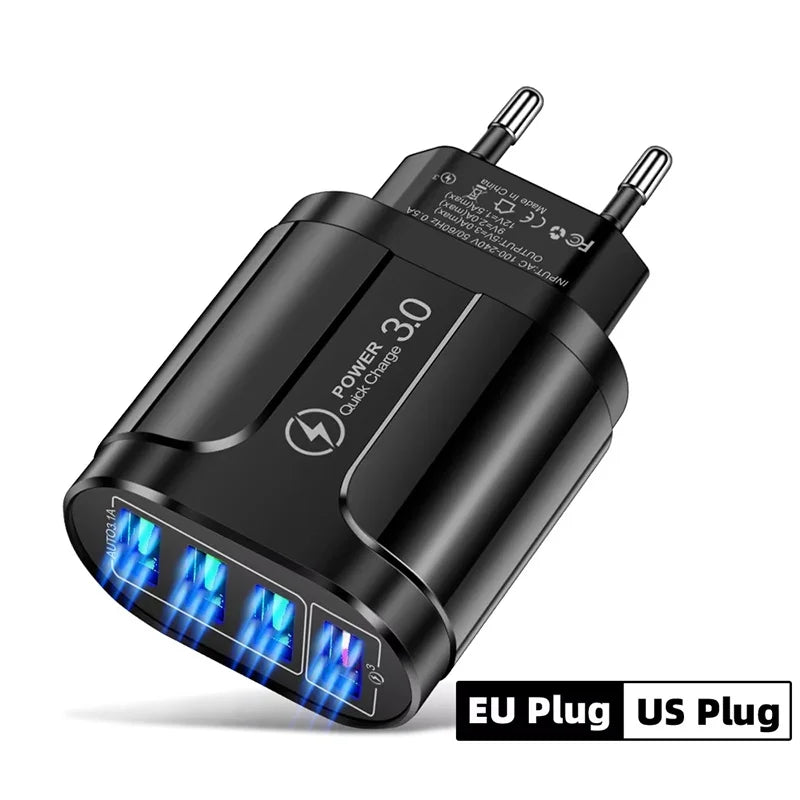 4 USB 48W USB Charger Fast Charge 4 Ports QC 3.0 Charging EU US Plug Adapter Wall Travel Charger For iPhone Xiaomi Mobile Phone