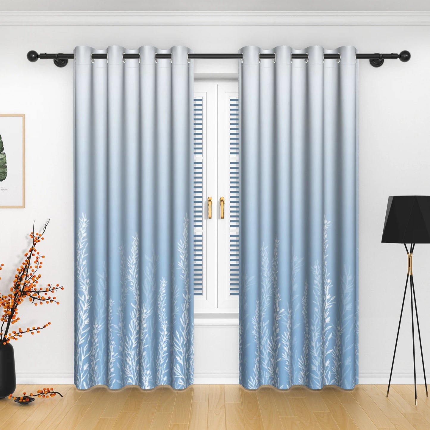 2pcs/set Solid Color Gradient Window curtains Bottom Leaf Print Thermal Insulated Polyester Bedroom Living Room Blackout Curtain