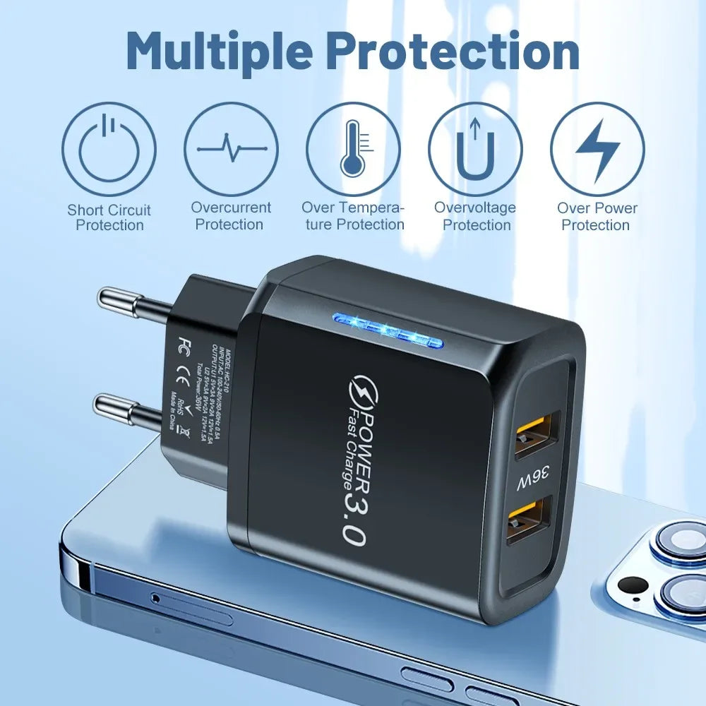 2 USB Charger 36W Fast Charging Double USB Quick Charge 3.0 for Samsung Xiaomi 14 HUAWEI OPPO Oneplus Mobile Phone Wall Adapter