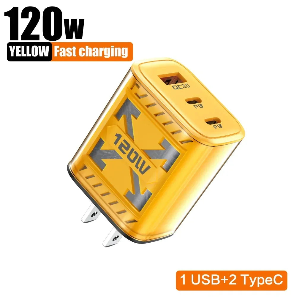 Total 120W USB C PD Charger QC 3.0 Type C Fast Charging Phones Wall Adapter for iPhone 16 Samsung Xiaomi POCO 3 In 1 USB Charger