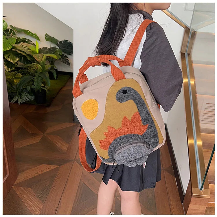 New Embroidery Sun Long Neck Small Dinosaur Backpack Hook Hair Embroidered Cartoon Canvas Kindergarten Children Backpack