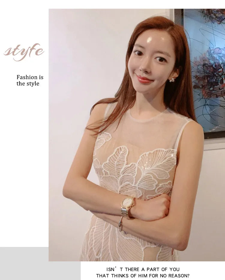 Fashion Slim O-Neck Long Party Casual Dress Hot Sale Summer Dresses Korean Retro Sleeveless Mesh Embroidery Vestidos