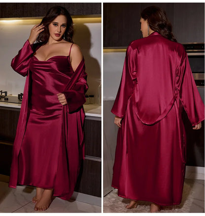 Plus Size 3XL 4XL 5XL Nighty&Robe Set Sexy Bride Long Wedding Bathrobe Dress Spring Summer New Sleepwear Loose Satin Home Wear