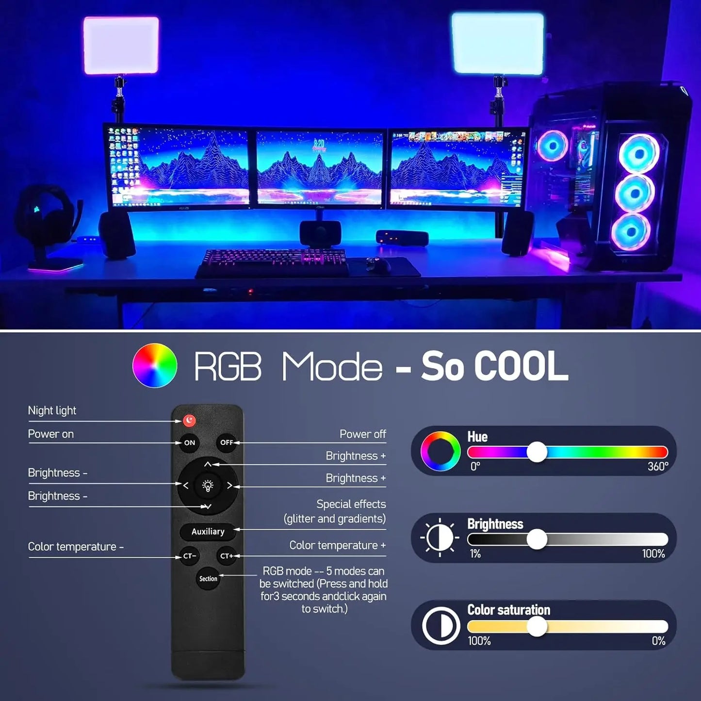 LED Desk Bi-Color Video Light RGB Streaming Key Light with Remote Control Dimmable Studio Light with Phone Holder Desk Stand