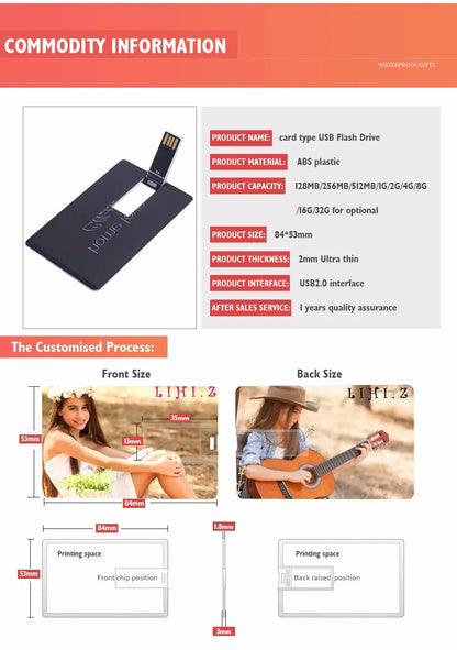 100PCS/LOT Waterproof Super Slim Credit Card USB Flash Drive Pendrive 4GB 8GB 16GB 32GB 64GB Bank Card Model Memory Stick Drives
