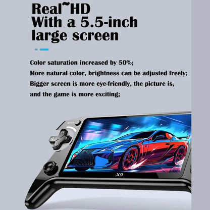 The X9 gaming console features a 5.5-inch high-resolution IPS display with P1 arcade-quality HD output, supporting dual-stick GB