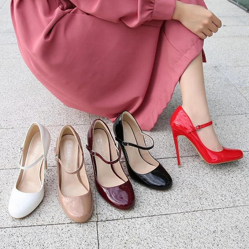 Women Patent Leather High Thin Heel Shoes Ankle Strap Women Pumps for Office Nightclub Party Wedding Cross Dressing Wide Shoes