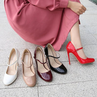 Women Patent Leather High Thin Heel Shoes Ankle Strap Women Pumps for Office Nightclub Party Wedding Cross Dressing Wide Shoes