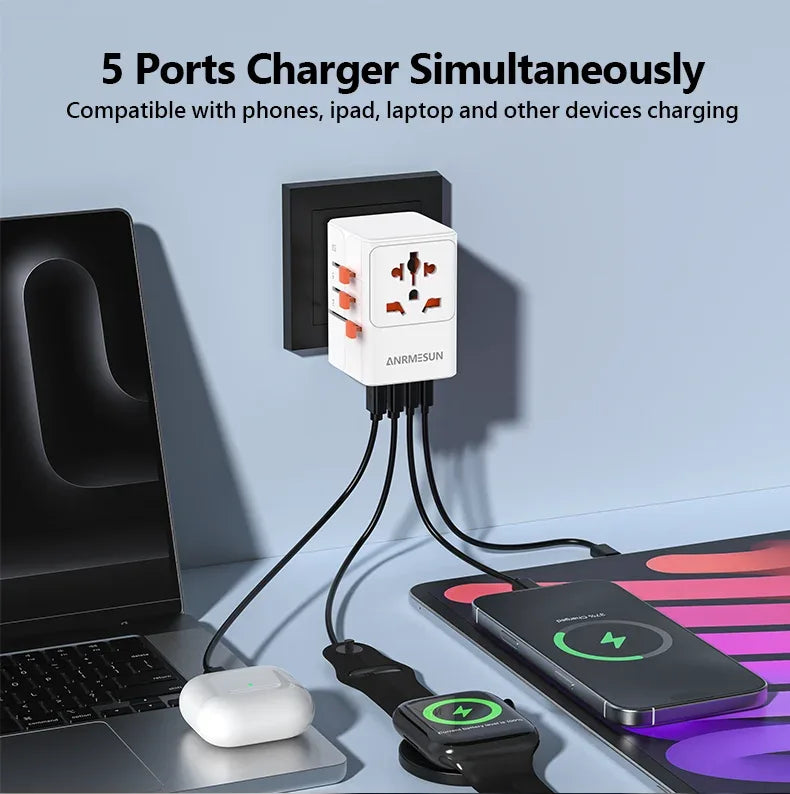 ANRMESUN 65W GaN Universal Travel Adapter with 2 USB 2 Type C Fast Charging All-in-one Travel Charger EU/UK/USA/AUS for Travel