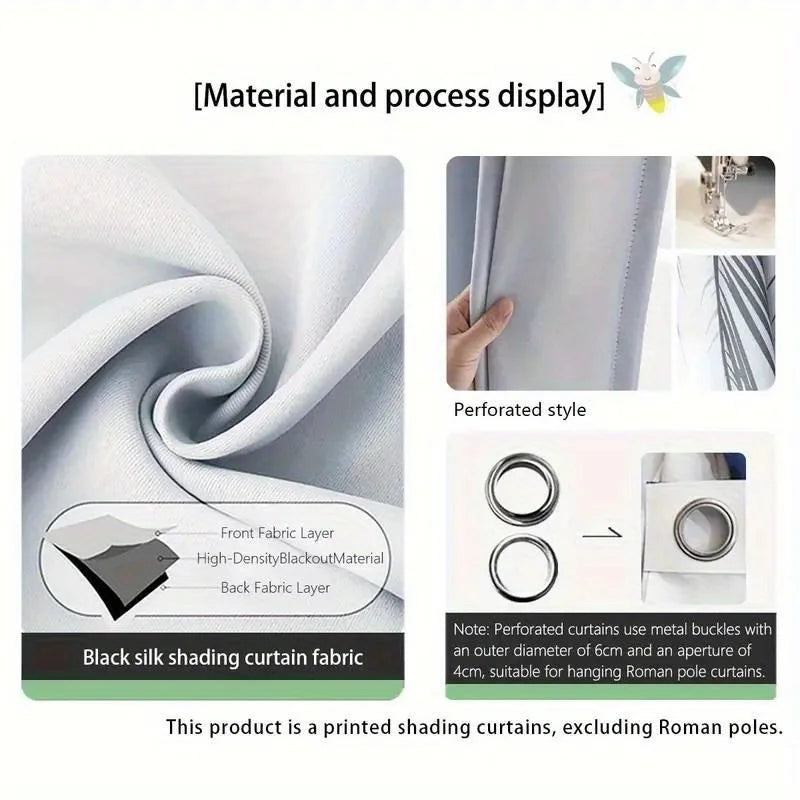 2pcs Blackout Curtain Set, Oriental Ink Landscape Design, Rod Pocket Polyester Panels, Contemporary Style, Machine Washable for