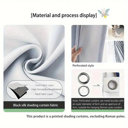 2pcs Blackout Curtain Set, Oriental Ink Landscape Design, Rod Pocket Polyester Panels, Contemporary Style, Machine Washable for