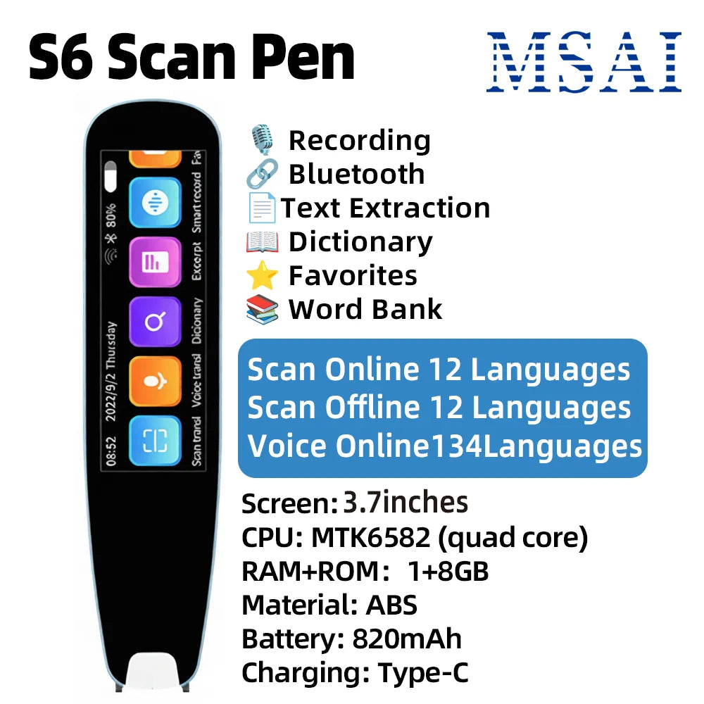 MSAI S7 S6 AI Translator Offline 60 Languages Scan Pen Scanning Voice 134 Languages Translation Dictionary Recorder for Travel