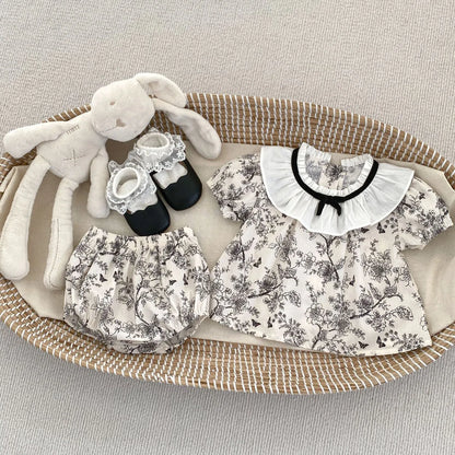 2026 New Summer Baby Clothing Set Infant Girls Floral Lace Collar Tops And Bloomer 2 PCS Suit Toddler Outfit