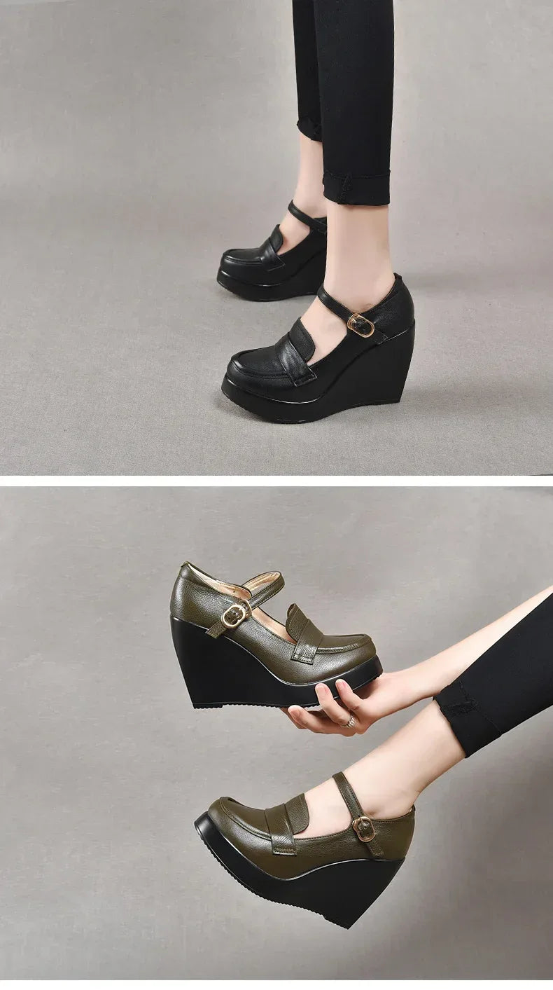 GKTINOO 2025 Wedges Women Shoe Spring Autumn Slip-On High Heels Round Toe Genuine Leather Casual Ladies Platform Shoes Woman