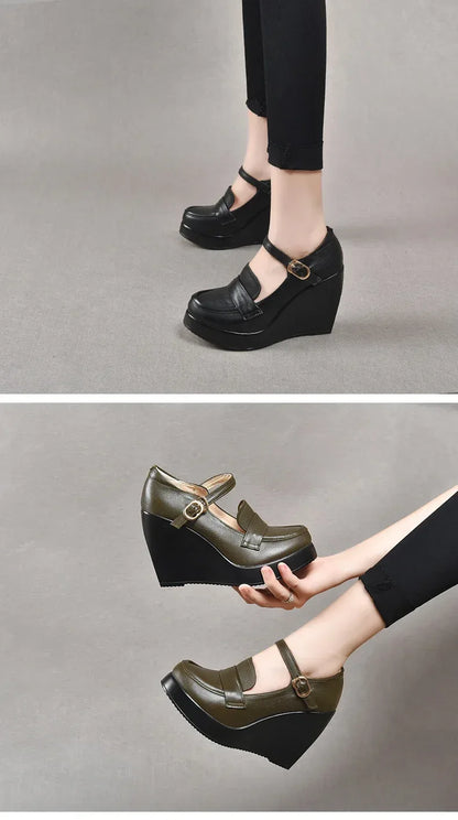 GKTINOO 2025 Wedges Women Shoe Spring Autumn Slip-On High Heels Round Toe Genuine Leather Casual Ladies Platform Shoes Woman