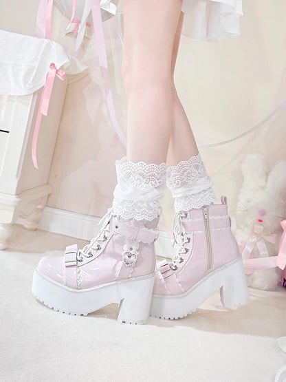 Japanese Mine Lolita Short Boots for Women Mass Production Love Rhinestone Buckle Bow Round Head Platform Boots Sweet Shoes