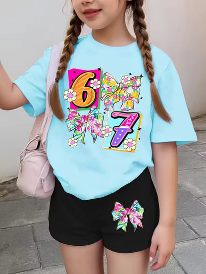 67 Six Seven Girls Clothes Cute Bows Flowers Print Girls Short Sleeve T-Shirt + Pants Set Casual Fashion Children's Clothes Tops