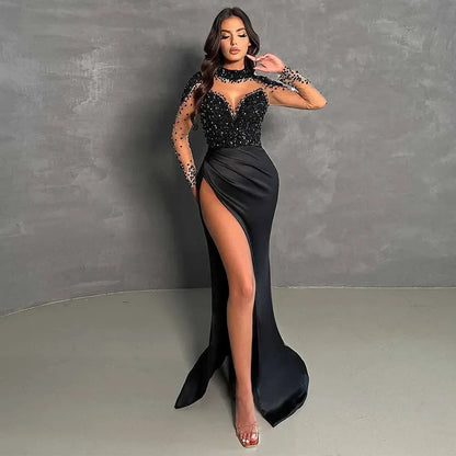 Luxurious Women's Evening Dresses Satin Mermaid/Trumpet Valentine's Day Dress Black High Collar Pearls Pleat Split Party Dress