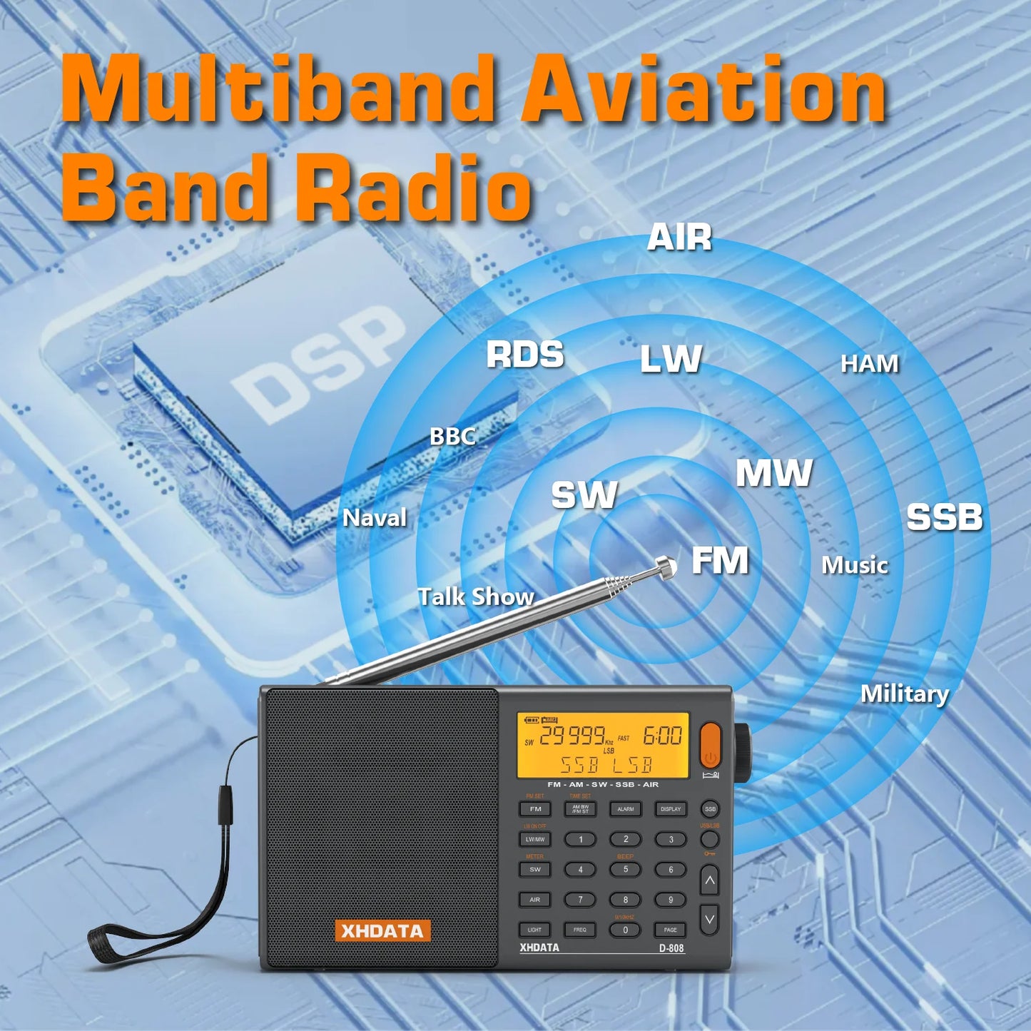 XHDATA D-808 Portable Radio AM/FM/SW/MW/LW SSB AIR RDS Radio Speaker with LCD Display Alarm Clock Stereo Radio D808