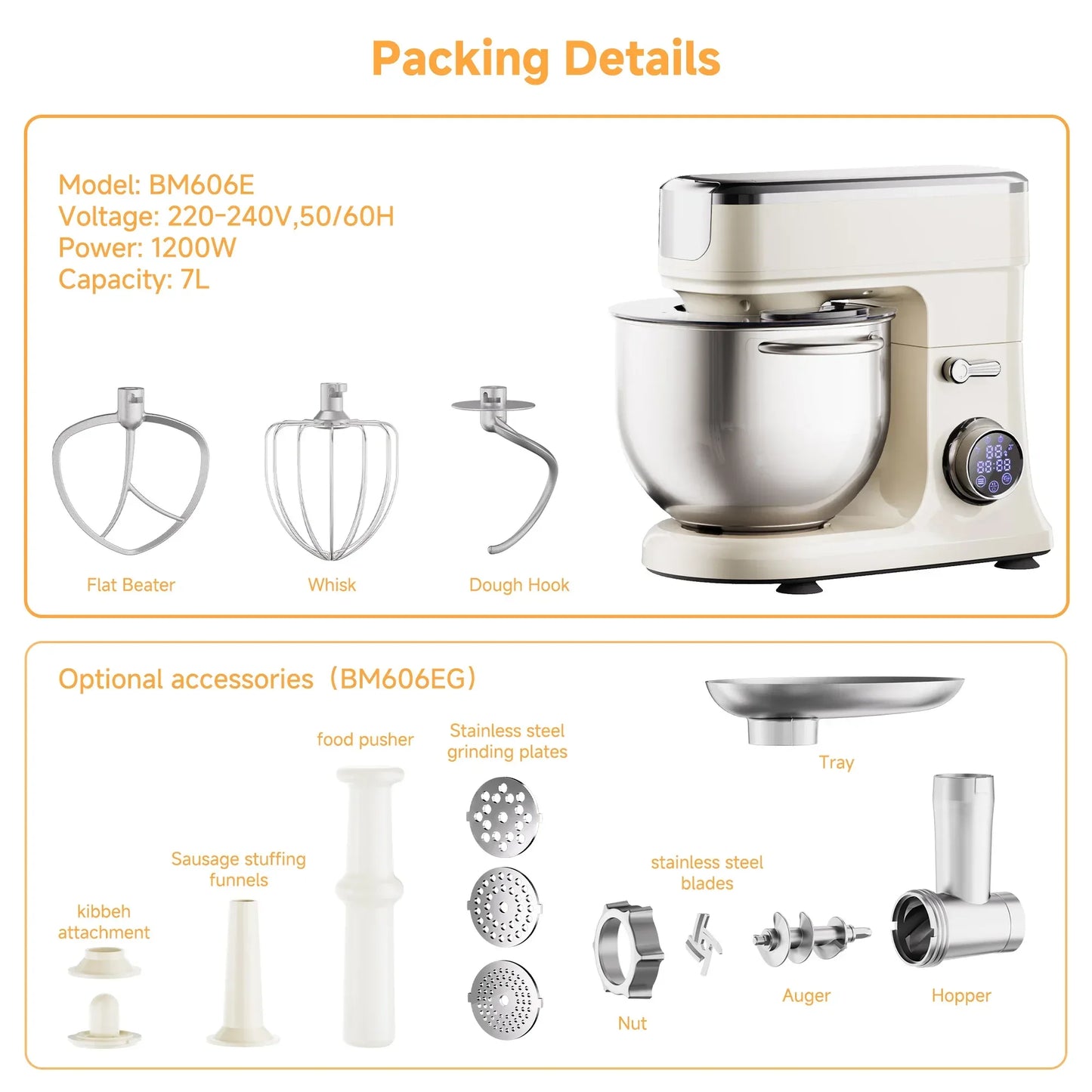BioloMix 7L Food Mixers for Baking, 1200W DC Motor Stand Mixer, with Dough Hook, Whisk & Beater, Meat Grinder Attachment