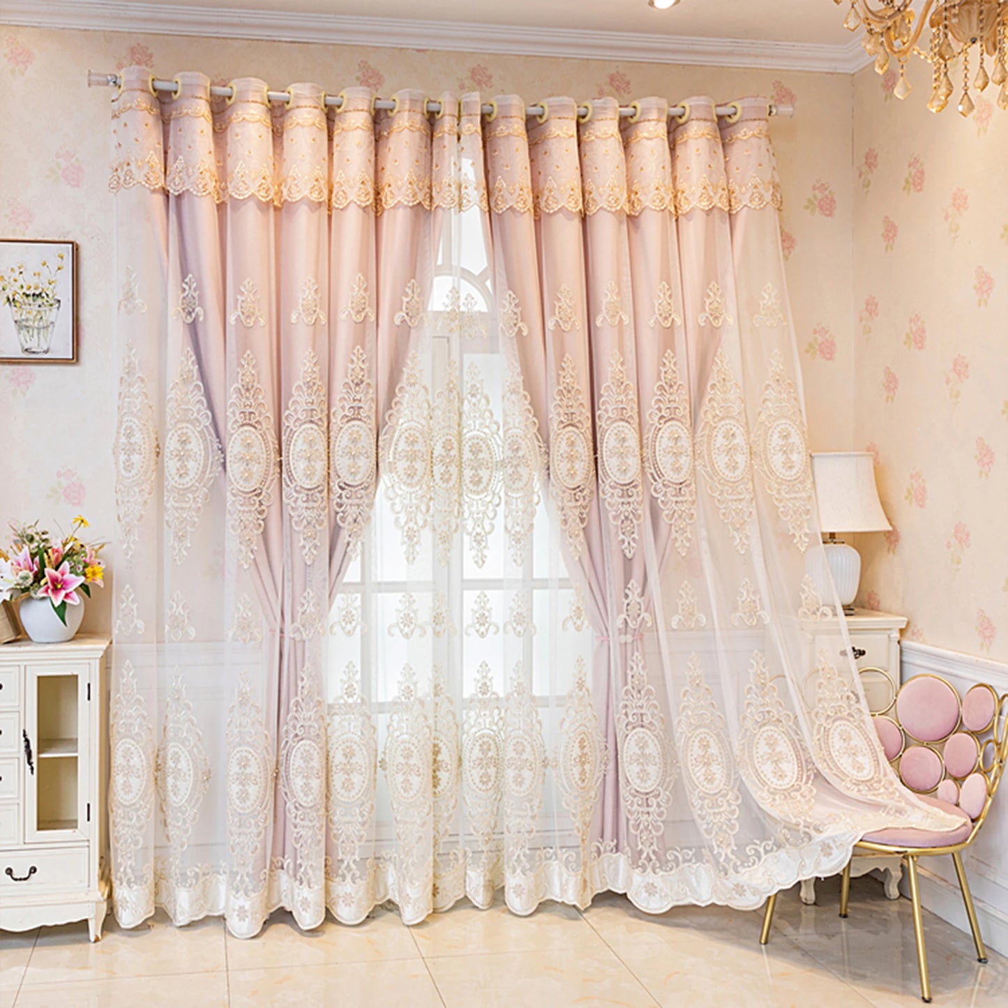 1pc Luxurious Pink Embroidered Blackout Curtain UV Protection Thermal Insulation Easy Hang For Living Room Bedroom Office Decor