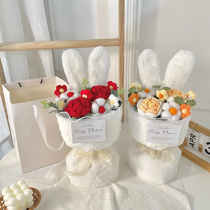 Rabbit Ears Crochet Flower Bouquet Handmade Completed Flower Bouquet with Gift Bag Creative Knit Rose Bouquet for Mother's Day
